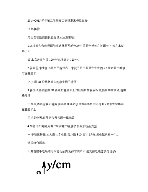 2014~2015学年第二学期高二物理期末试卷(含答案).