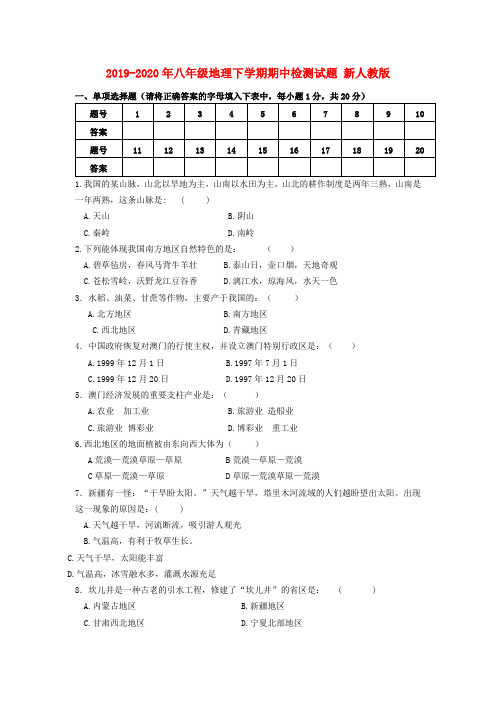 2019-2020年八年级地理下学期期中检测试题 新人教版