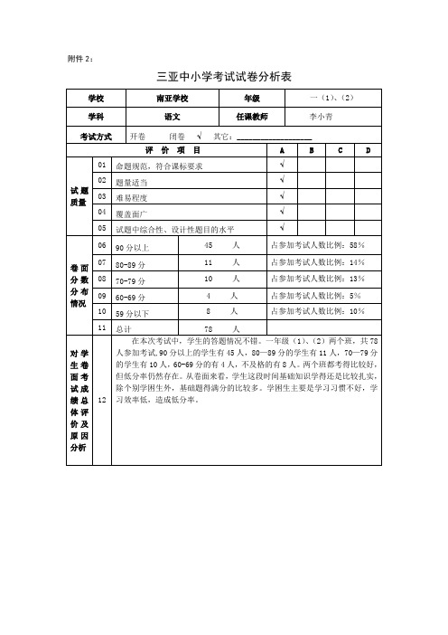 期中考试试卷分析表