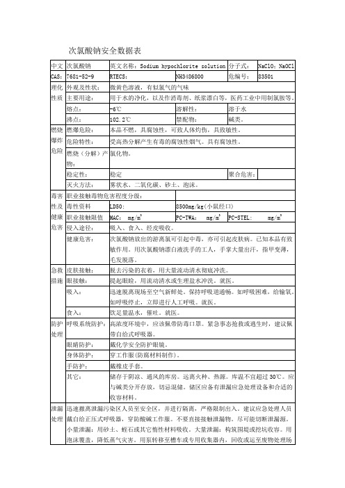 次氯酸钠安全数据表