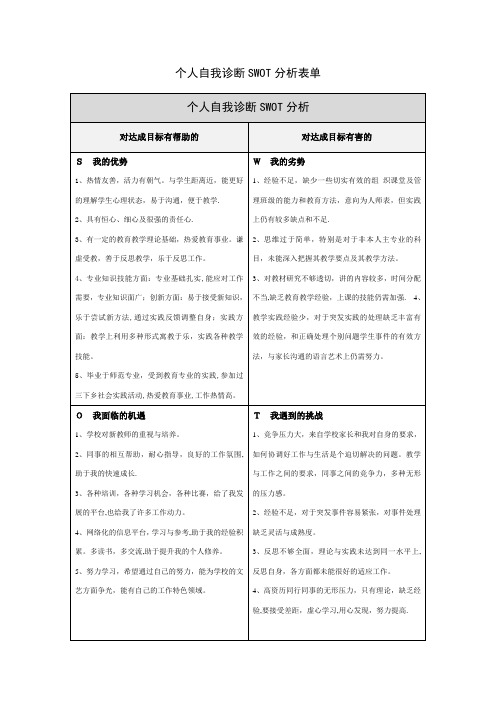 教师个人自我诊断SWOT分析表00582