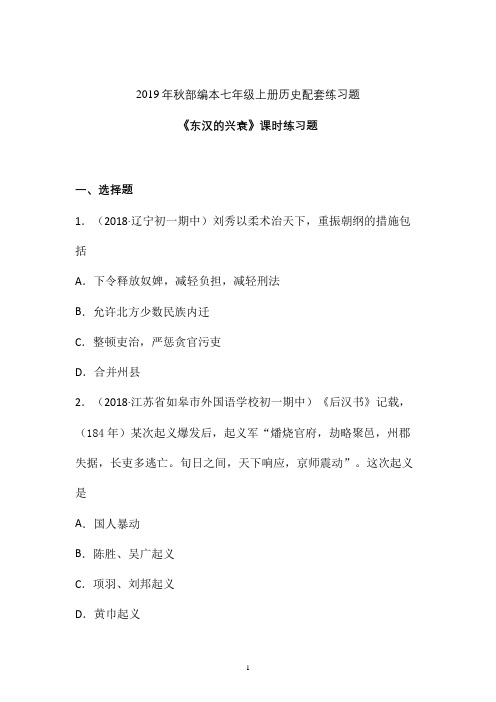 【课时练】2019-2020学年最新部编本七年级历史上册《东汉的兴衰》课时练习卷  (十)