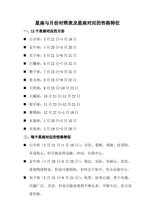 星座与月份对照表及星座对应的性格特征