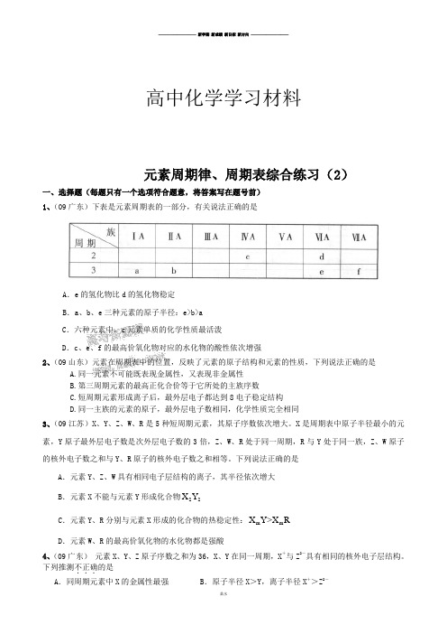 苏教版高中化学必修二元素周期律综合练习(2).docx