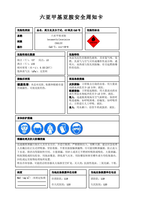 六亚甲基亚胺安全周知卡、职业危害告知卡、理化特性表