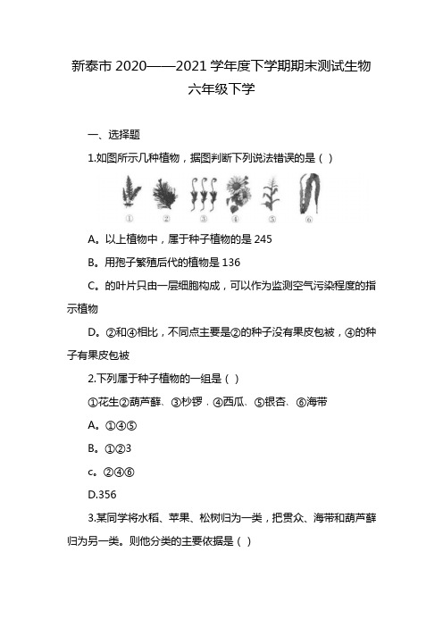 新泰市2020--2021学年度下学期期末测试生物六年级下学