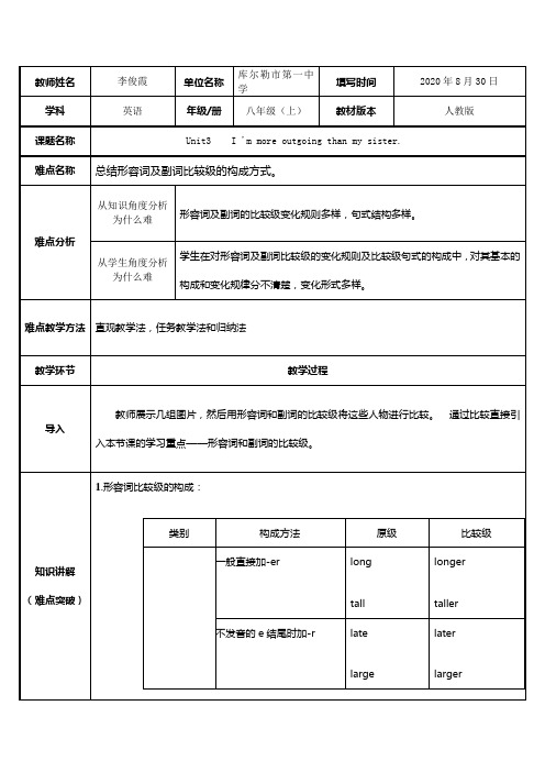 形容词副词比较级的构成及其用法 初中八年级上册英语教案教学设计课后反思