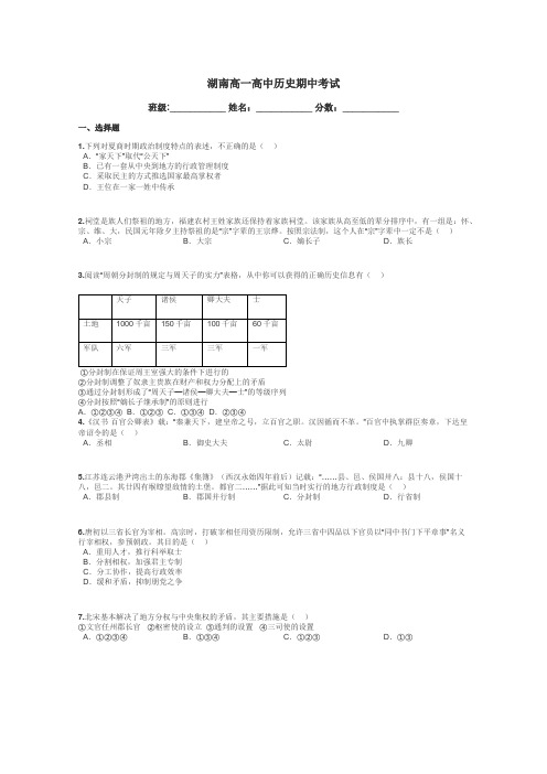 湖南高一高中历史期中考试带答案解析
