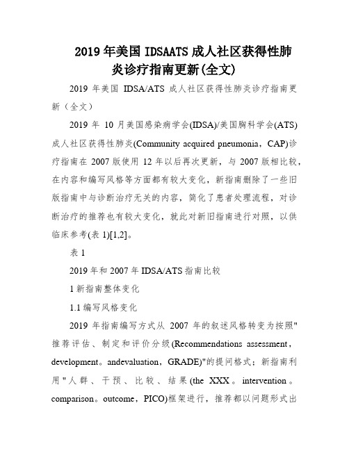 2019年美国IDSAATS成人社区获得性肺炎诊疗指南更新(全文)