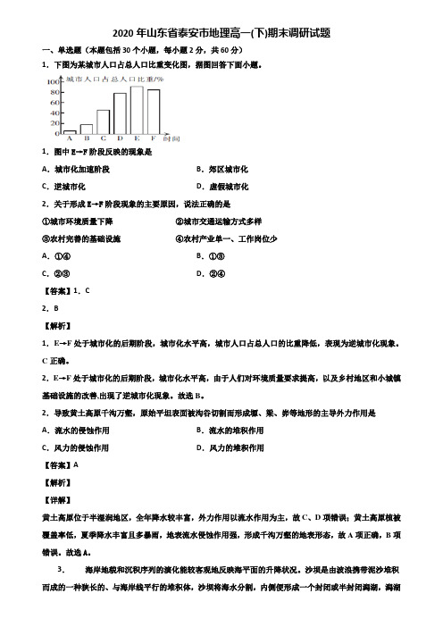 2020年山东省泰安市地理高一(下)期末调研试题含解析