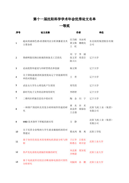 第十一届沈阳科学学术年会优秀论文名单