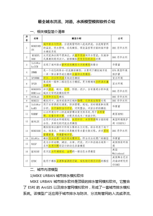 最全城市洪涝、河道、水质模型模拟软件介绍