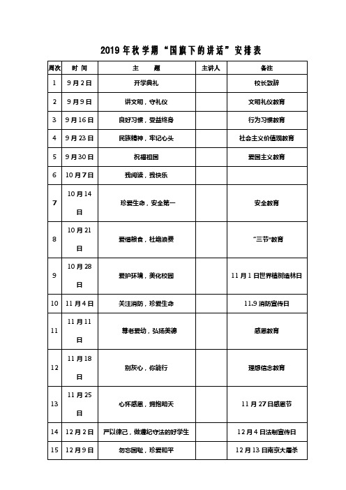 最新精品2019年秋学期 “国旗下的讲话”安排表