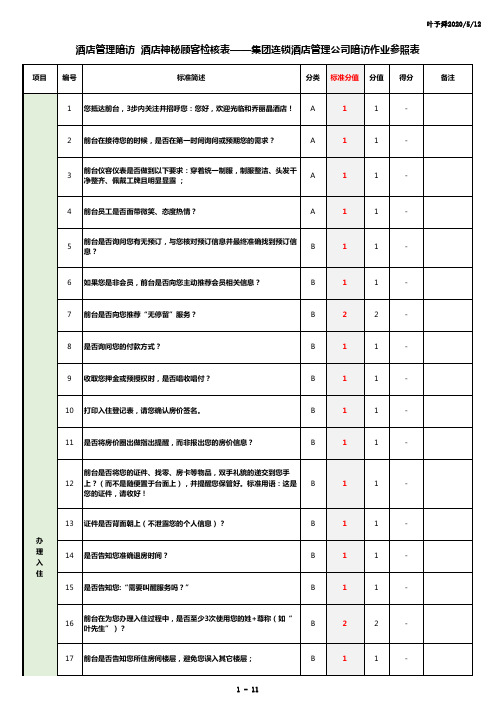 酒店管理暗访  酒店神秘顾客检核表——集团连锁酒店管理公司暗访作业参照表2019(叶予舜)