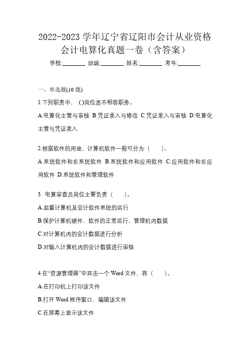 2022-2023学年辽宁省辽阳市会计从业资格会计电算化真题一卷(含答案)