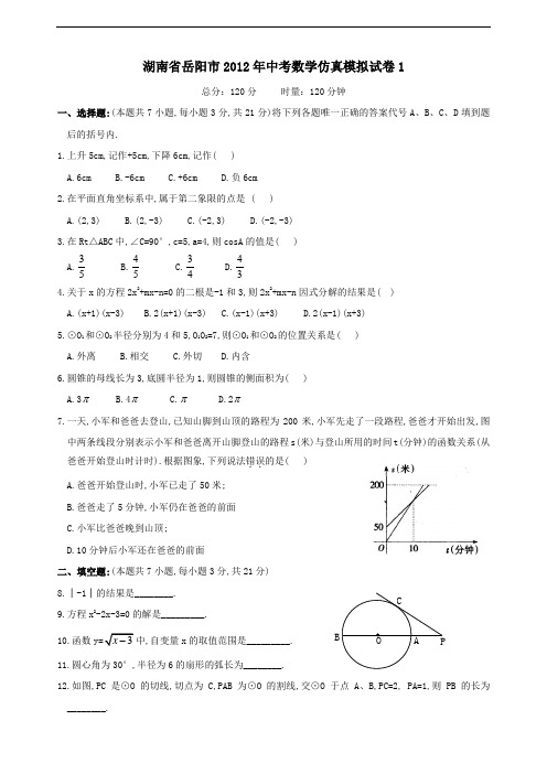 【初中数学】湖南省岳阳市2012年中考数学仿真模拟试卷(3份) 通用