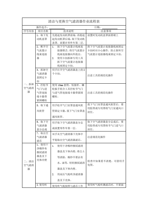 清洁与更换空气滤清器作业流程表