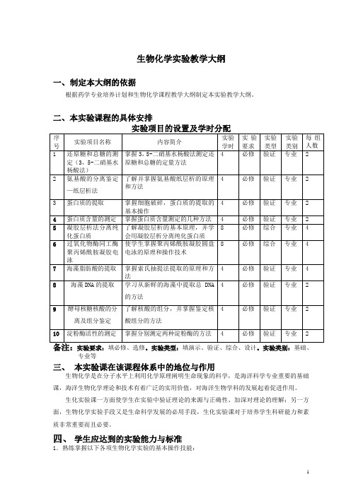 药学专业《生物化学》实验教学大纲