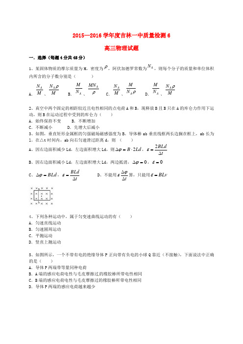 吉林省吉林市第一中学校2016届高三物理质量检测试题(六)