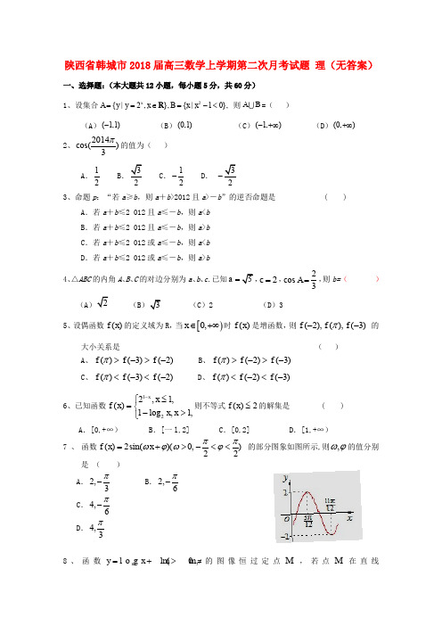 陕西省韩城市2018届高三数学上学期第二次月考试题 理(无答案)