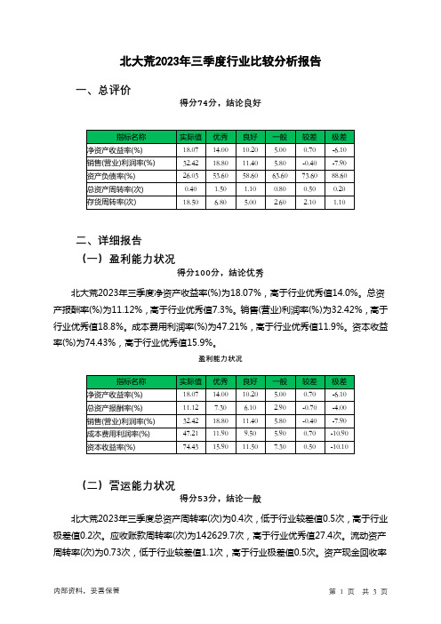 600598北大荒2023年三季度行业比较分析报告