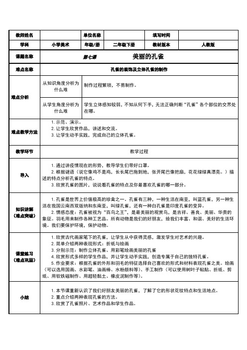 人教版美术二年级下册 第7课美丽孔雀 教案(表格式)