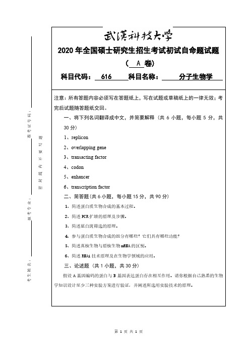 武汉科技大学616分子生物学2018——2020年考研真题都有答案试卷试题