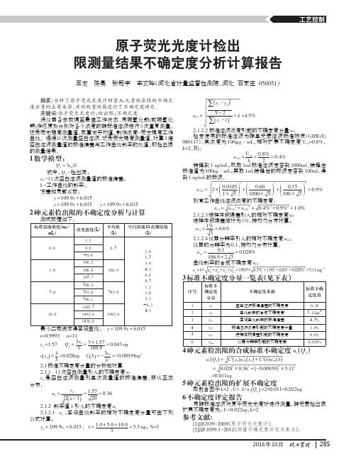 原子荧光光度计检出限测量结果不确定度分析计算报告