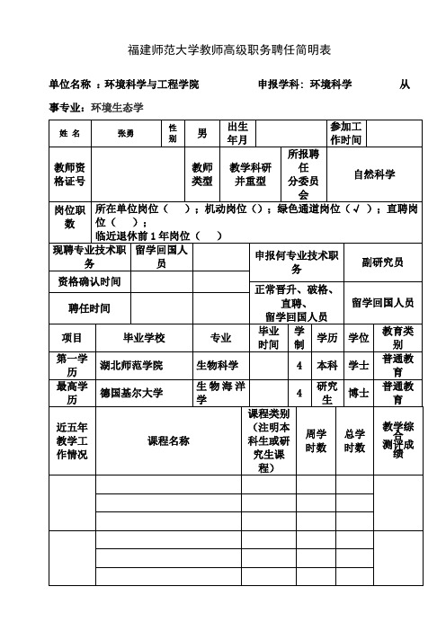 福建师范大学教师高级职务聘任简明表