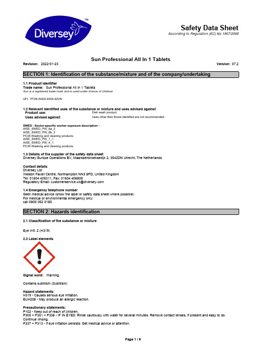 Sun Professional All In 1 Tablets 安全数据表单说明书