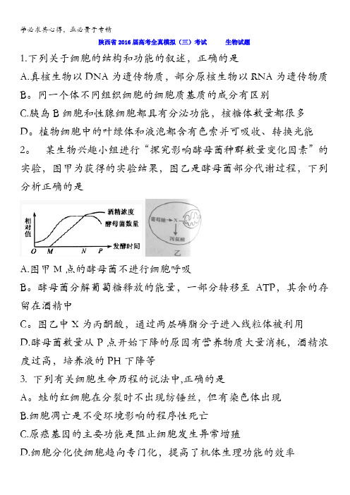 2016届高考全真模拟(三)考试理综生物试题 含答案