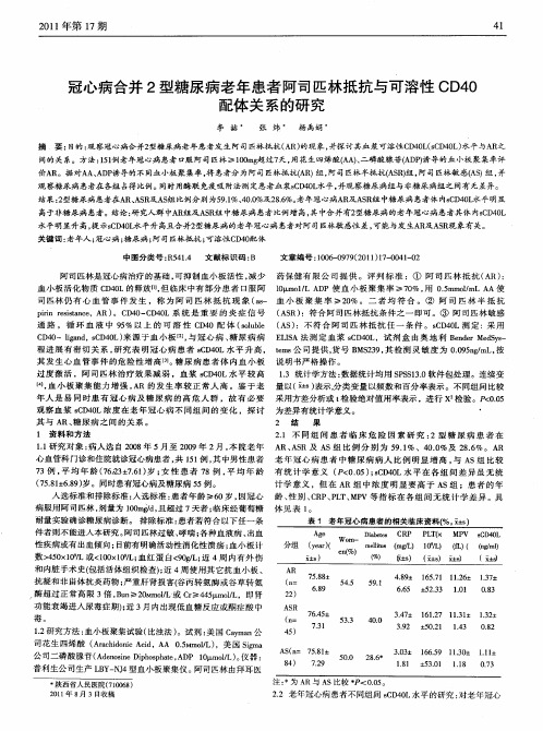 冠心病合并2型糖尿病老年患者阿司匹林抵抗与可溶性CD40配体关系的研究
