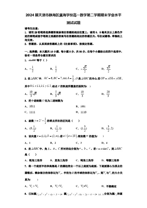 2024届天津市静海区瀛海学校高一数学第二学期期末学业水平测试试题含解析