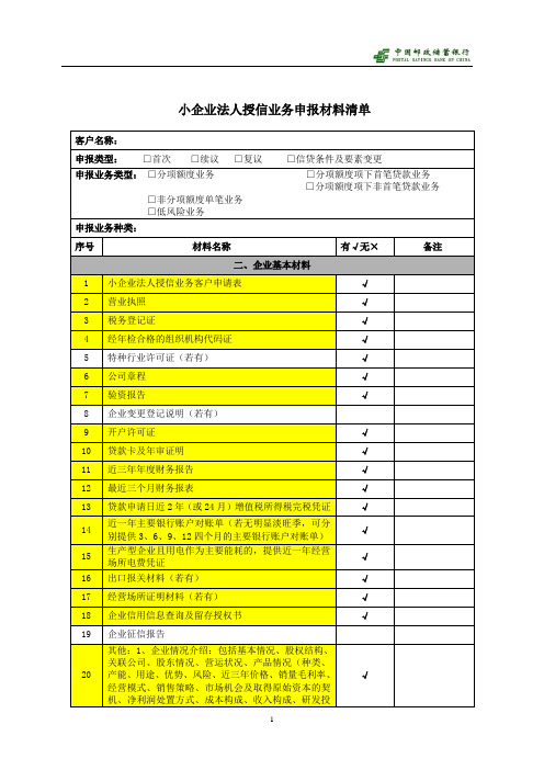 小企业业务申报材料清单(全)