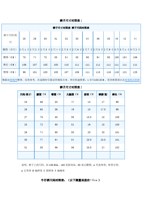 服装尺寸对照表