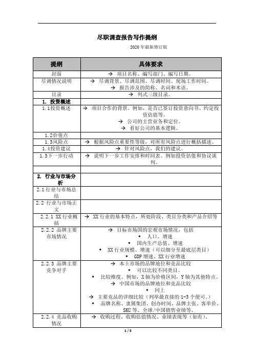 尽调报告_ 全面尽职调查写作提纲(2020年最新修订版)