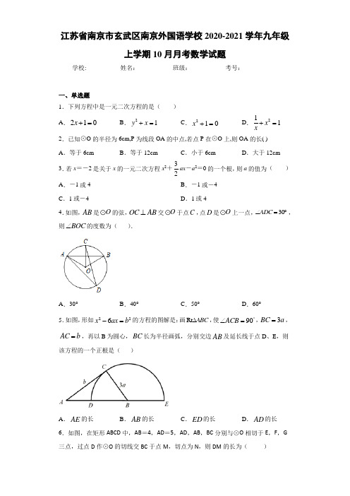 江苏省南京市玄武区南京外国语学校2020-2021学年九年级上学期10月月考数学试题