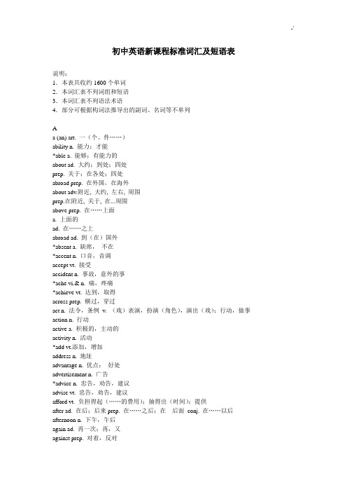 初级中学英语新课程规范标准词汇资料及其短语表