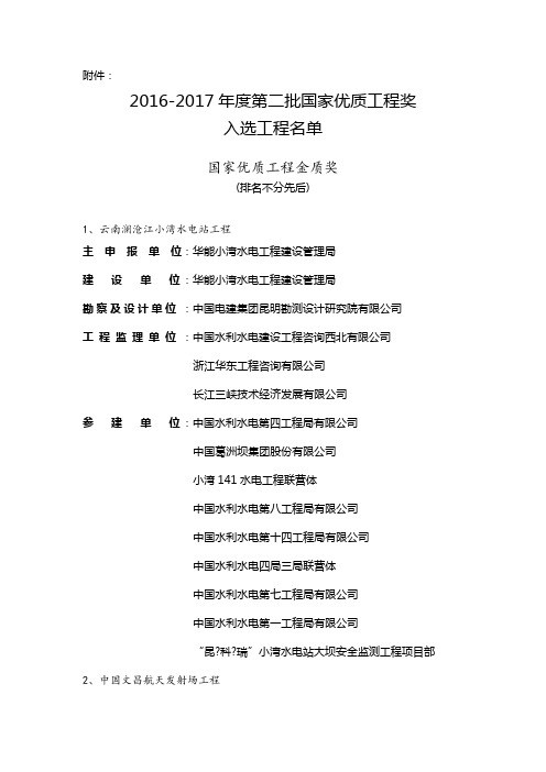 第二批国家优质工程奖入选工程名单