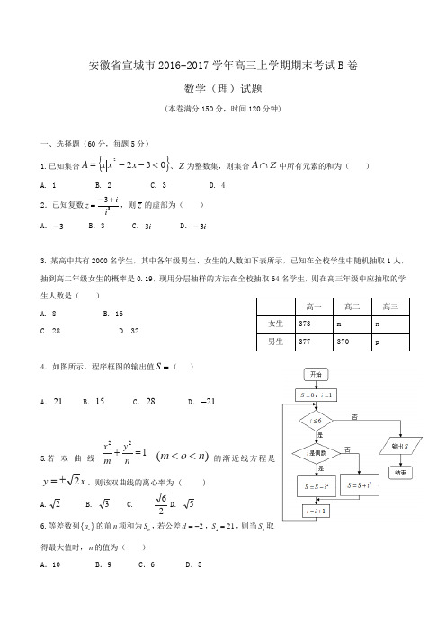 安徽省宣城市2016-2017学年高三上学期期末考试B卷数学(理)试题Word版含答案