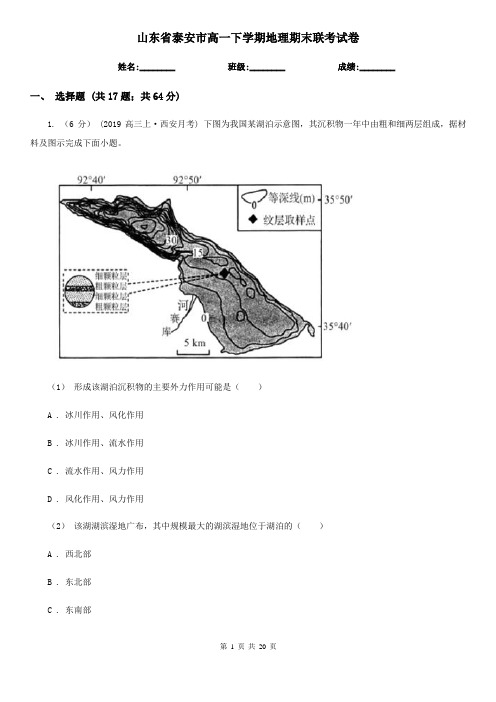 山东省泰安市高一下学期地理期末联考试卷