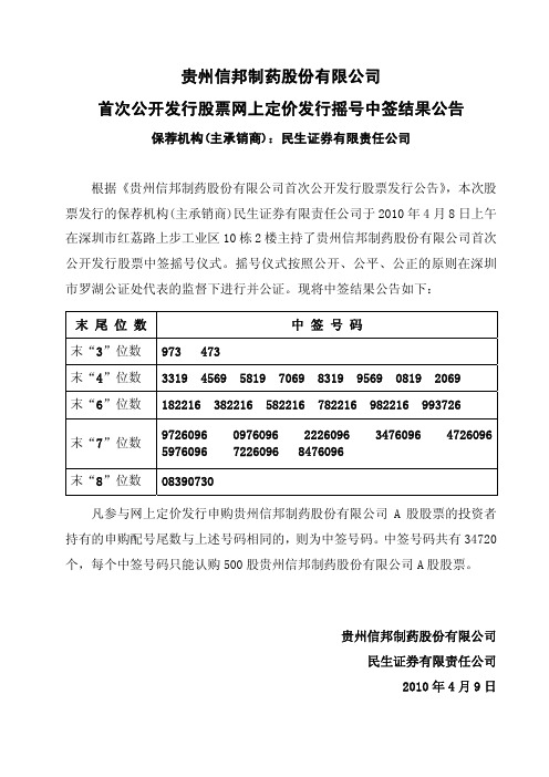 信邦制药：首次公开发行股票网上定价发行摇号中签结果公告 2010-04-09