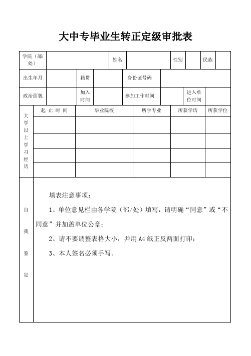 大中专毕业生转正定级审批表