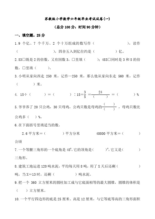 苏教版小学数学六年级下册毕业考试试卷共八套