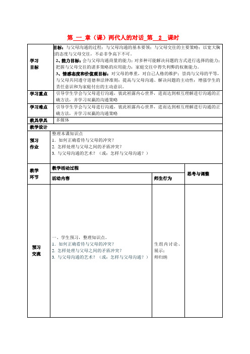 八年级政治上册 第一单元 两代人的对话教学案(无答案) 新人教版