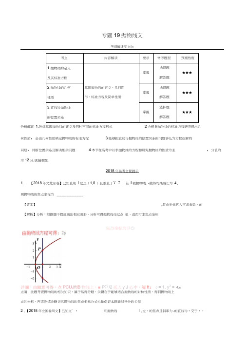 三年高考(2016-2018)高考数学试题分项版解析专题19抛物线文(含解析)