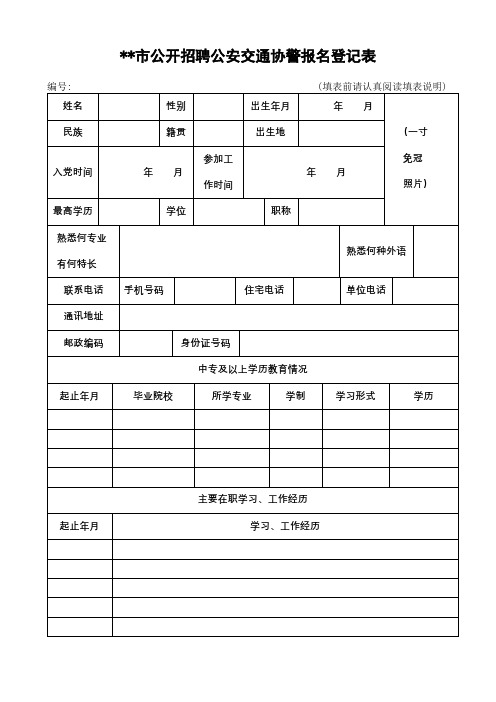 XX市公开招聘公安交通协警报名登记表【模板】