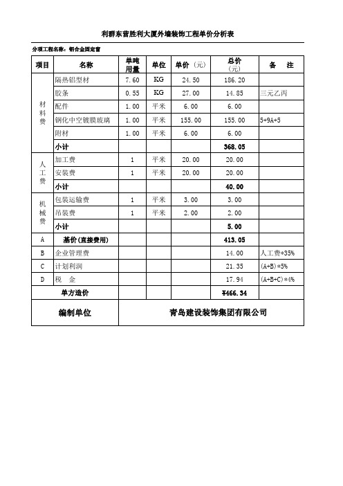 胜利大厦幕墙报价单