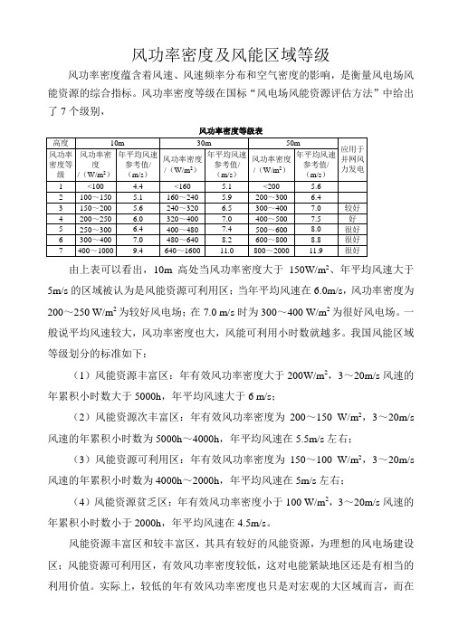 风功率密度及风能区域等级