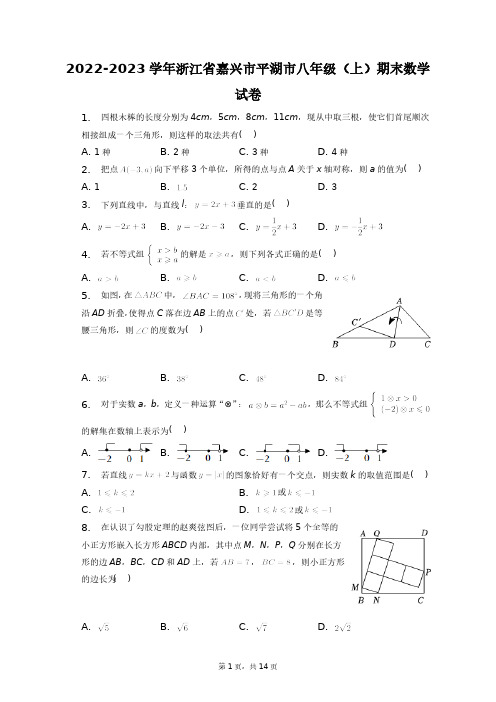 2022-2023学年浙江省嘉兴市平湖市八年级(上)期末数学试卷+答案解析(附后)